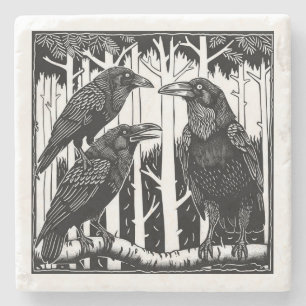 Raven and Her Children in the Treetops Stone Coaster