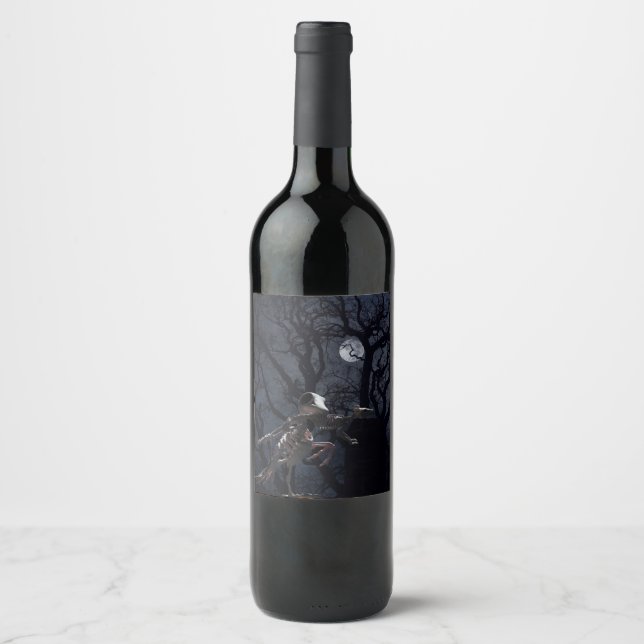 Raven and Rat Skeleton in Moonlight - Halloween Wine Label (Front)
