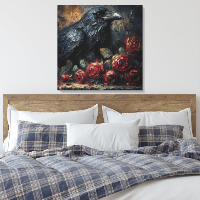 Raven and Red Roses Gothic Art Canvas Print (Insitu(Bedroom))