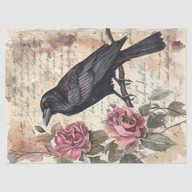 Raven and Roses Vintage Ephemera Decoupage Tissue Paper (Front)