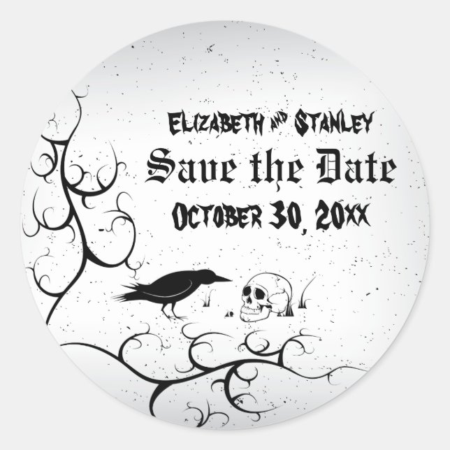 Raven and skull Gothic wedding Save the Date Classic Round Sticker (Front)