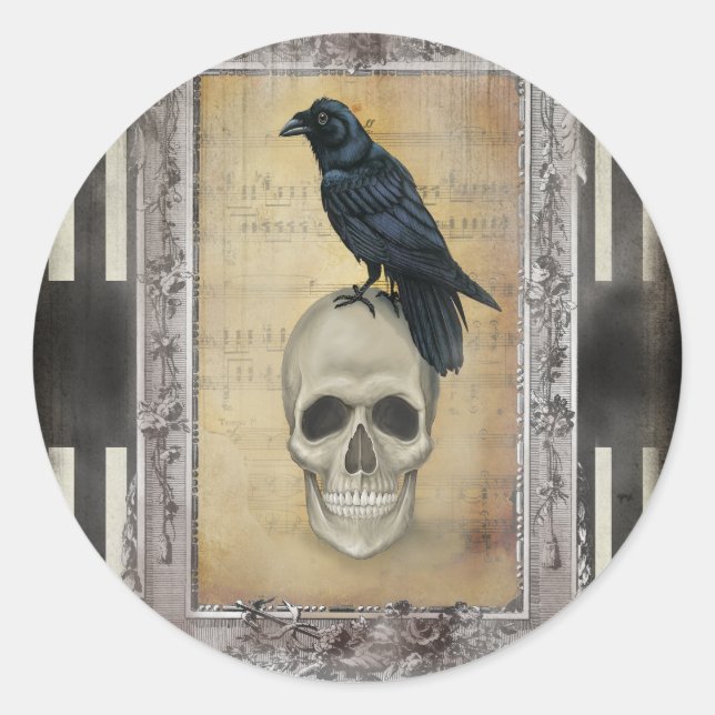 Raven and Skull halloween Classic Round Sticker (Front)