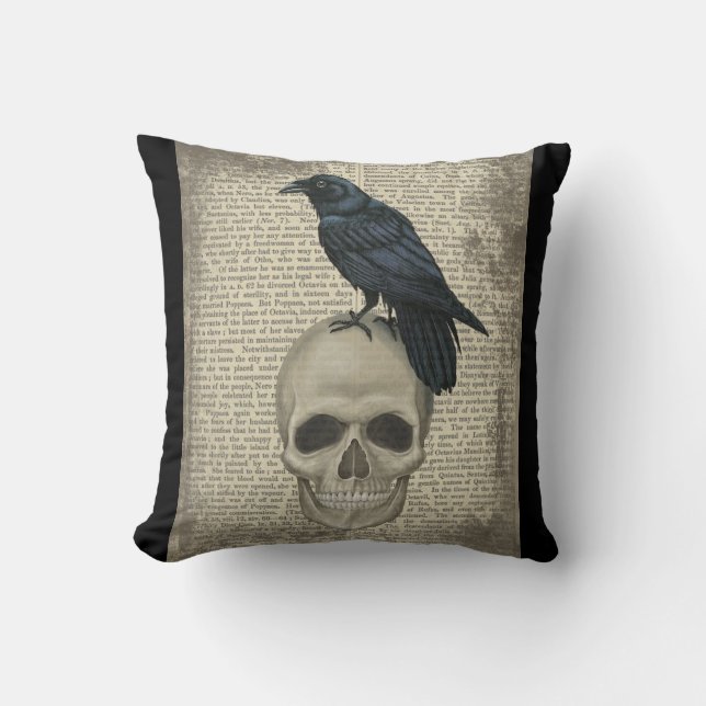 Raven and skull, halloween, gothic throw pillow (Front)