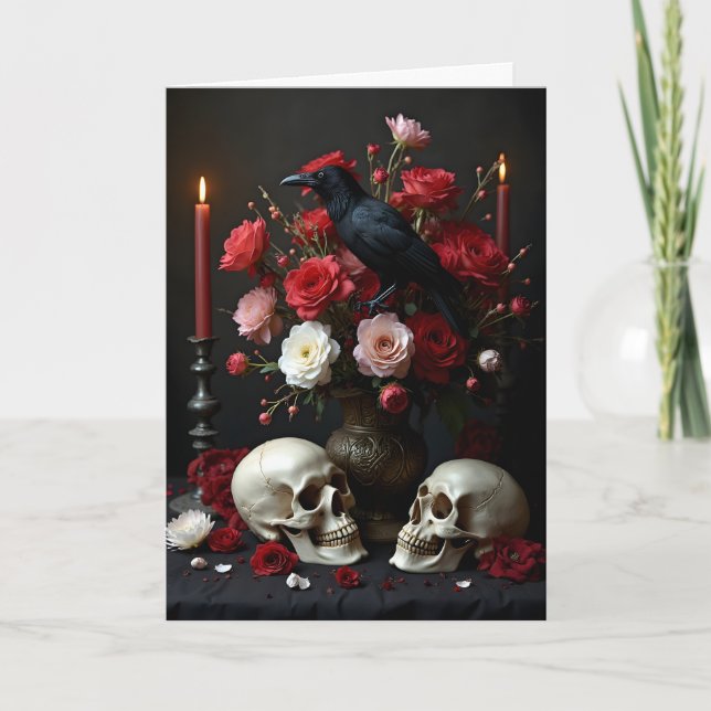 Raven and Skulls with Bouquet Friend Birthday Card (Front)