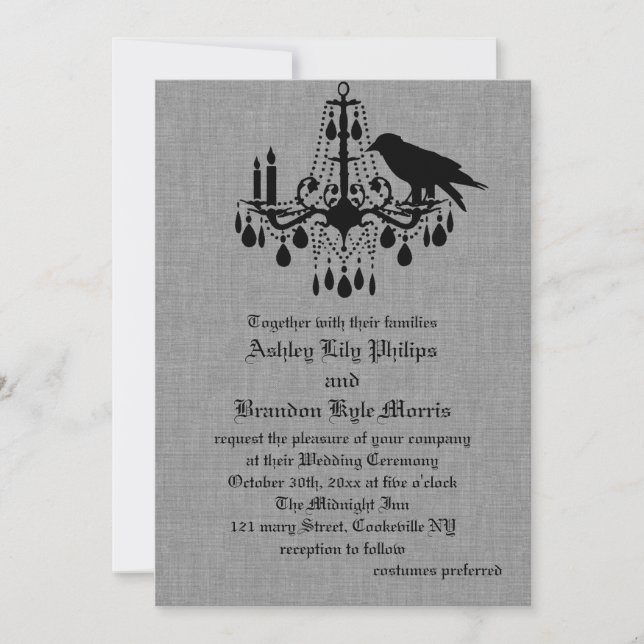 Raven and Spider Damask Grey Linen Wedding Invite (Front)