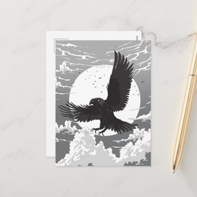 Raven And The Moon Holiday Postcard (Front/Back In Situ)
