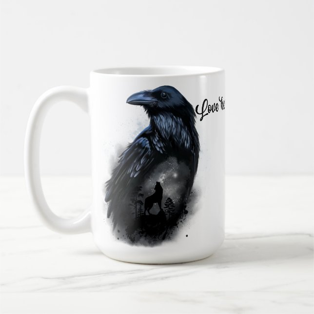 Raven and wolf that howls at the moon coffee mug (Left)