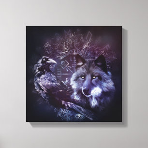 Raven and Wolf - Vegvisir and Tree of life Canvas Print