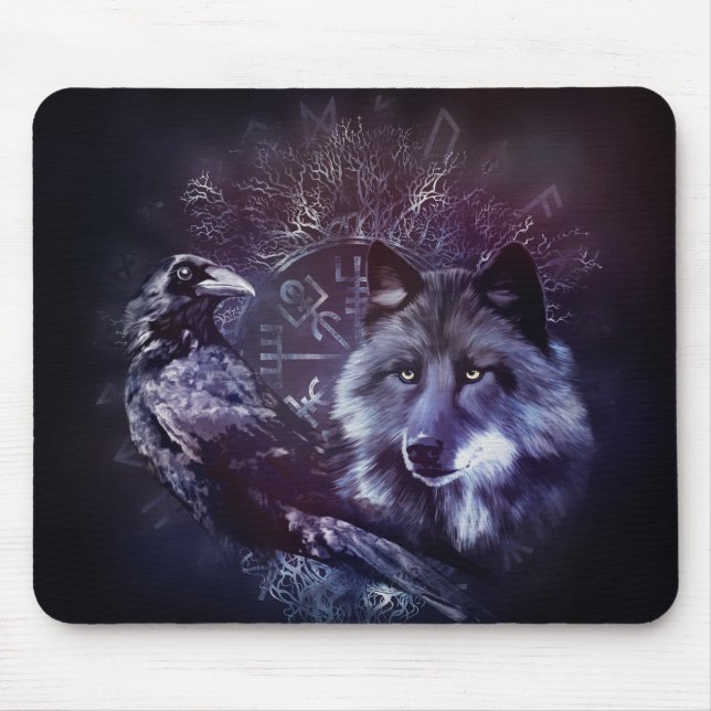 Raven and Wolf - Vegvisir and Tree of life Mouse Pad (Front)