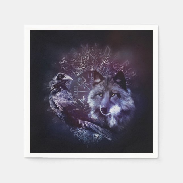 Raven and Wolf - Vegvisir and Tree of life Napkin (Front)