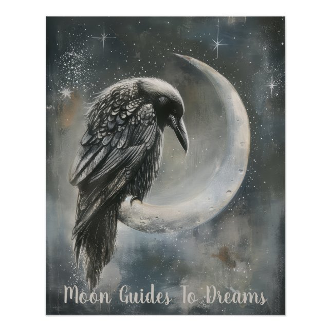 Raven bird baby sleeping on Moon Poster (Front)