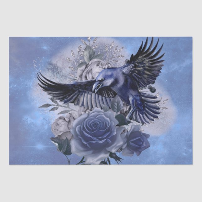 Raven Bird Blue Rose Whimsical Decoupage Tissue Paper (Front)
