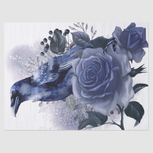 Raven Bird Blue Rose Whimsical Decoupage Tissue Paper (Front)