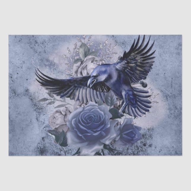 Raven Bird Blue Rose Whimsical Decoupage Tissue Paper (Front)