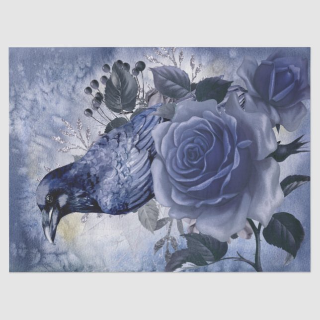 Raven Bird Blue Rose Whimsical Decoupage Tissue Paper (Front)