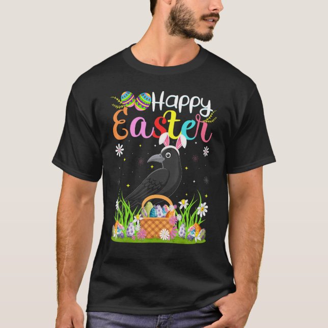 Raven Bird Bunny Egg Hunting Raven Happy Easter T-Shirt (Front)