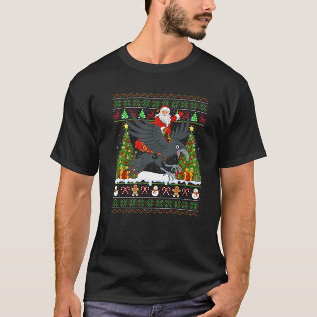 Raven Bird Lover Funny Ugly Santa Riding Raven Chr T-Shirt (Front)