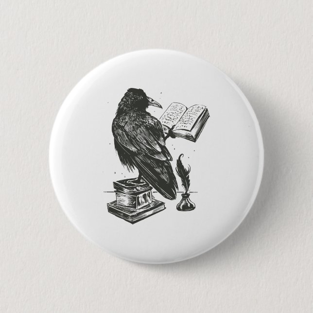 Raven bird reading book 2 inch round button (Front)