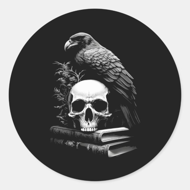 Raven Bird Skull And Books Witchy Occult Academia  Classic Round Sticker (Front)