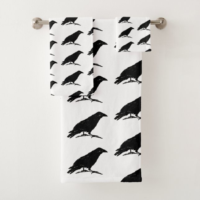 Raven Black Bird Halloween Painting Bath Towel Set (Insitu)