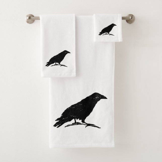 Raven Black Bird Halloween Painting Bath Towel Set (Insitu)