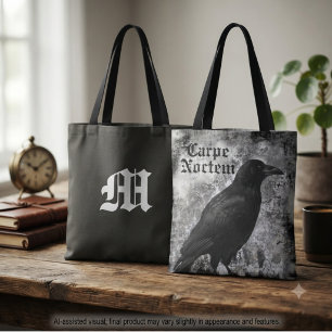 Raven Carpe Noctem Gothic Monochrome Tote Bag