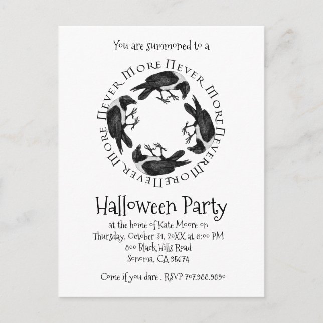 Raven Circle Never More Halloween Party Invitation Postcard (Front)