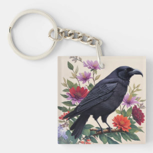 Raven Colorful Floral Art Keychain