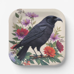 Raven Colorful Floral Art Paper Plate