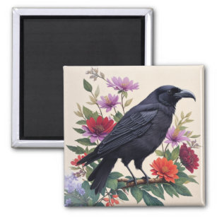 Raven Colourful Floral Art Magnet