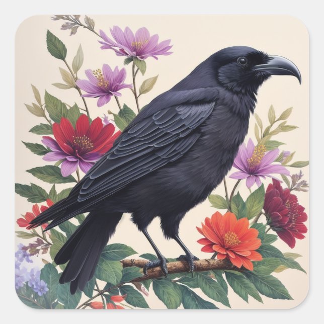 Raven Colourful Flowers Art Square Sticker (Front)