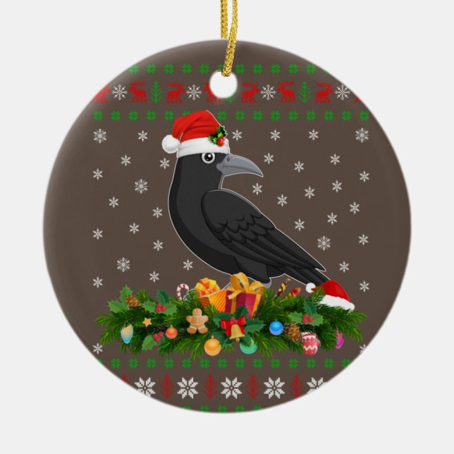 Raven Crow Bird Lover Xmas Santa Hat Ugly Crow Ceramic Ornament (Front)