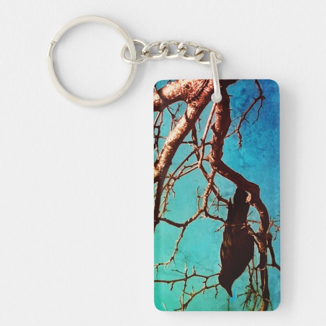 Raven Crow Black Bird Silver Tree Blue Sky Photo Keychain (Front)