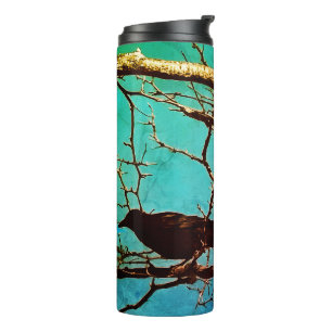 Raven Crow Black Bird Silver Tree Photo Thermal Tumbler
