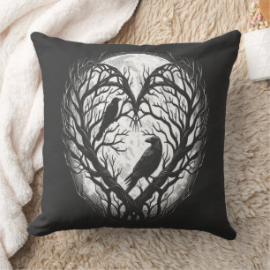 Raven Crow Heart Tree Throw Pillow