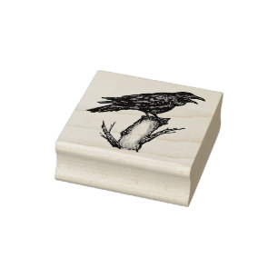 Raven Crow on Branch Pen & Ink Drawing Halloween Rubber Stamp