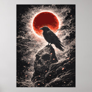 Raven Crow On Skull Rock in Red Moon, Japanese Art Poster