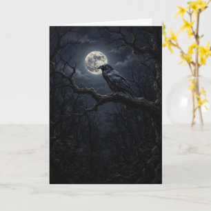 Raven Crow on Tree Branch Under Full Moon Gothic Card