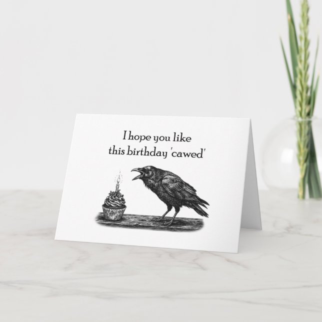 Raven Crow with Cupcake Funny Gothic Birthday Card (Front)