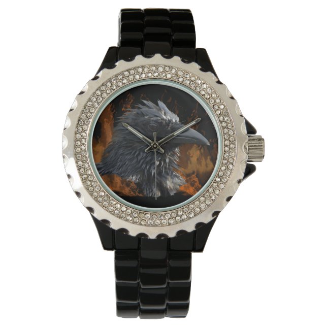 Raven Flames Wiccan Gothic Design Watch (Front)