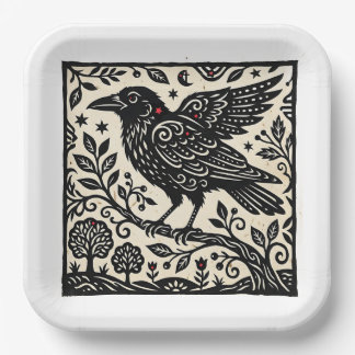 Raven folk art, paper plate