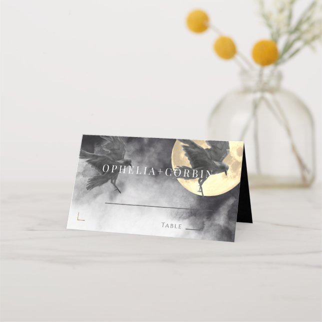 Raven & Golden Moon Gothic Wedding Place Card (Front)