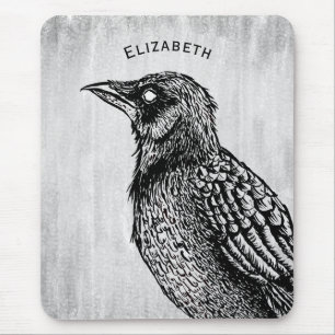 Raven Gothic Black White Creepy Bird Drawing Name Mouse Pad