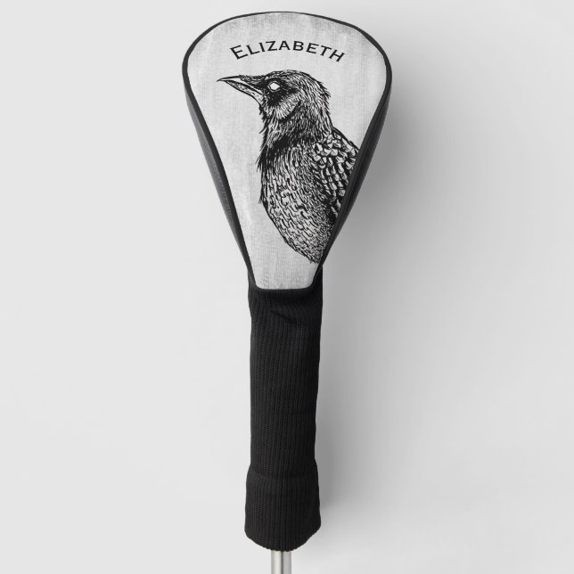 Raven Gothic Black White Horror Ink Drawing Name Golf Head Cover (Front)