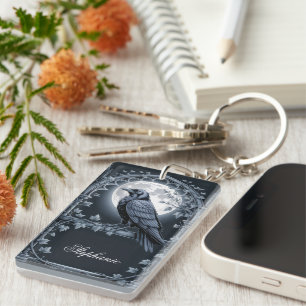 Raven gothic moonlight silver grey keychain