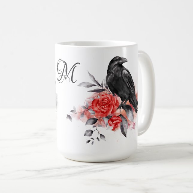 Raven Gothic Roses Watercolor Fantasy Art Monogram Coffee Mug (Front Right)