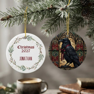 Raven Gothic Stained Glass Ceramic Ornament