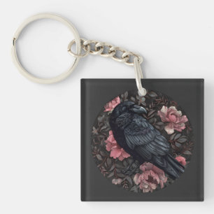 Raven gothic vintage flowers keychain