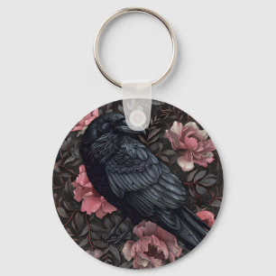 Raven gothic vintage flowers keychain