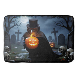 Raven Halloween Graveyard with Pumpkins and Skulls Bath Mat